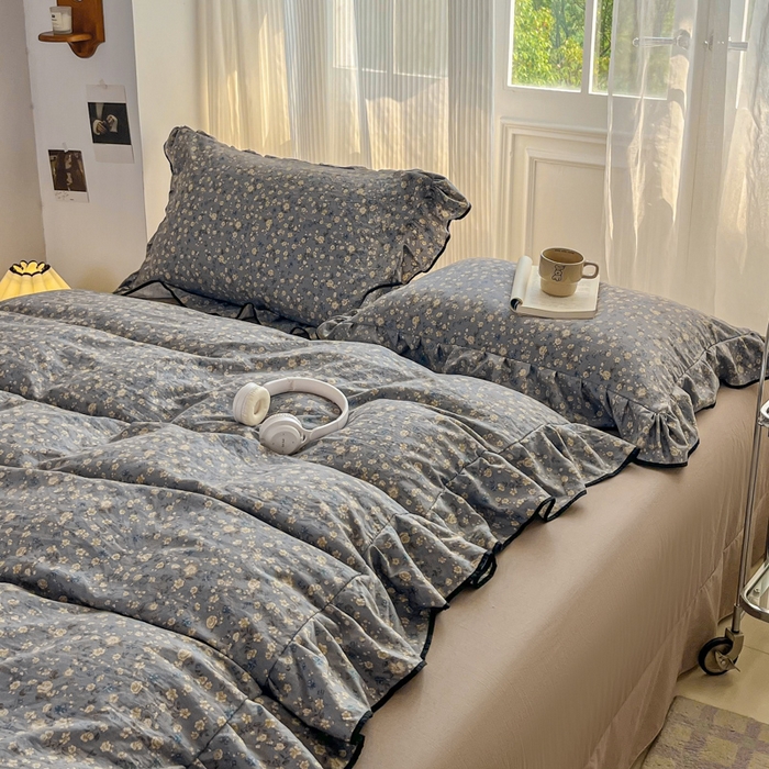 91家纺网 家纺一手货源 找家纺 斯卡诺家纺 2025秋冬法式花边古法水洗棉云感棉床盖四件套花边被套床单款 晚风-花边款