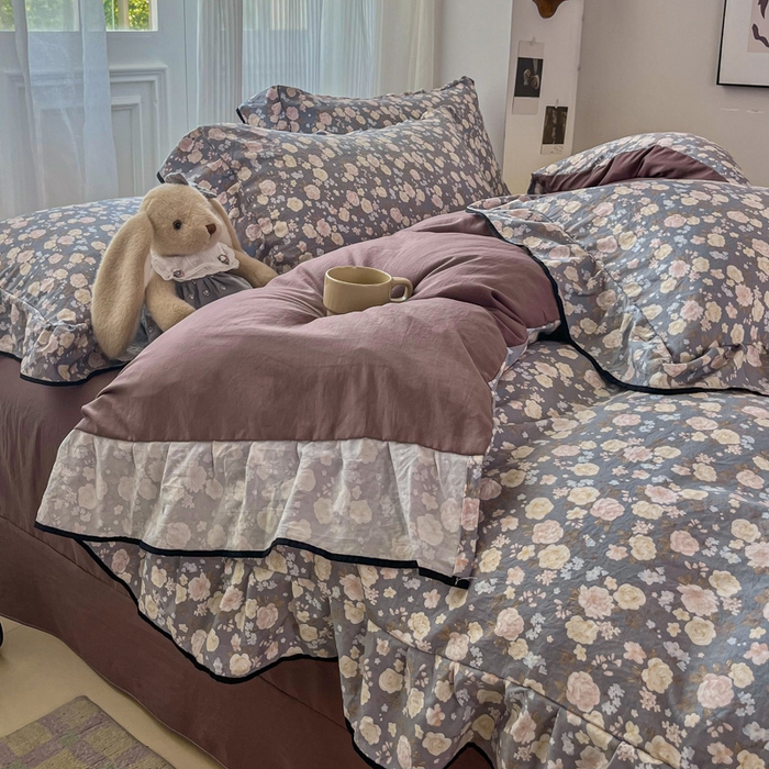 91家纺网 家纺一手货源 找家纺 斯卡诺家纺 2025秋冬法式花边古法水洗棉云感棉床盖四件套花边被套床单款 一见倾心-花边款