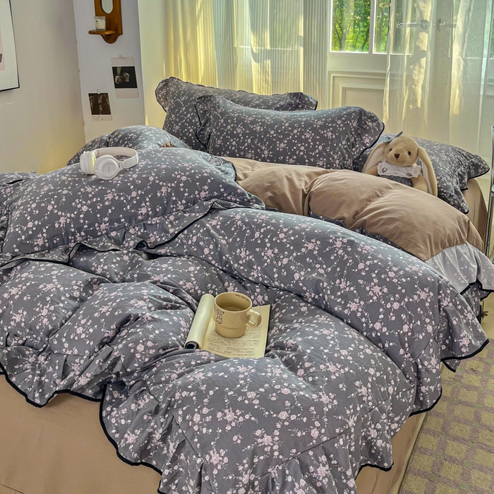 91家纺网 家纺一手货源 找家纺 斯卡诺家纺 2025秋冬法式花边古法水洗棉云感棉床盖四件套花边被套床单款 满天星-花边款