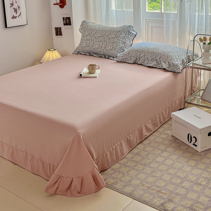 91家纺网 家纺一手货源 找家纺 斯卡诺家纺 2025秋冬法式花边古法水洗棉云感棉床盖四件套花边被套床单款 雨沫-花边款