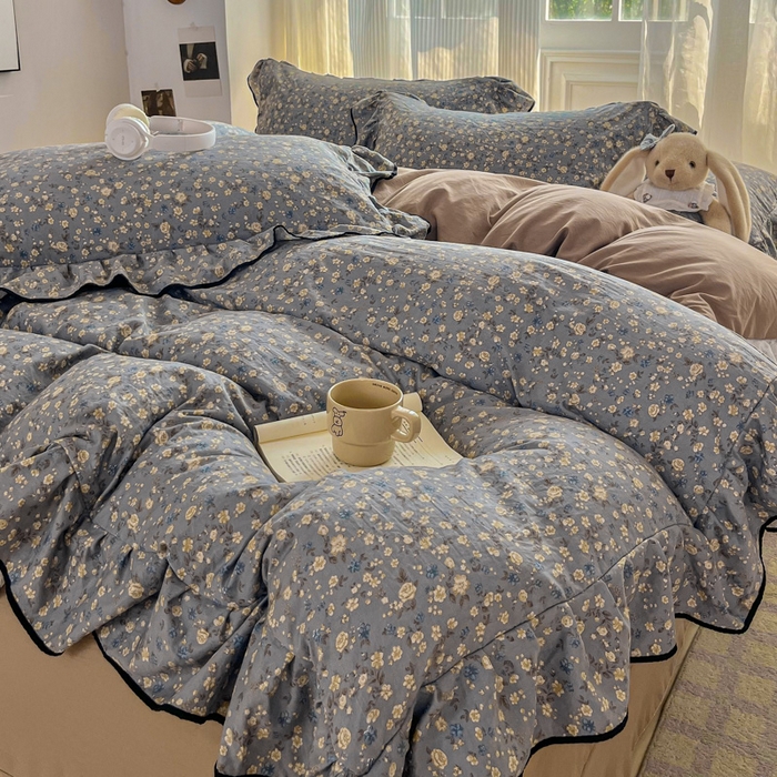 91家纺网 家纺一手货源 找家纺 斯卡诺家纺 2025秋冬法式花边古法水洗棉云感棉床盖四件套花边被套床单款 晚风-花边款