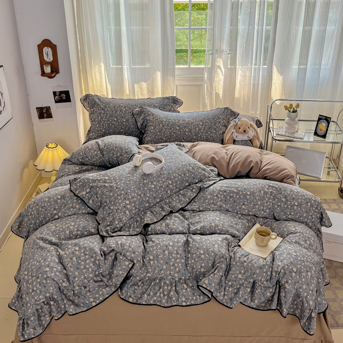 91家纺网 家纺一手货源 找家纺 斯卡诺家纺 2025秋冬法式花边古法水洗棉云感棉床盖四件套花边被套床单款 晚风-花边款