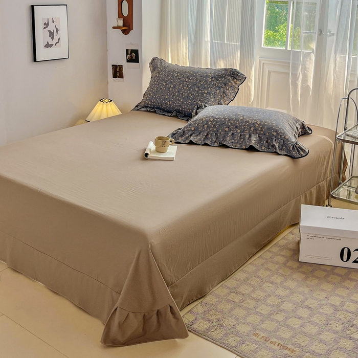 91家纺网 家纺一手货源 找家纺 斯卡诺家纺 2025秋冬法式花边古法水洗棉云感棉床盖四件套花边被套床单款 晚风-花边款