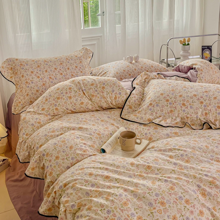 91家纺网 家纺一手货源 找家纺 斯卡诺家纺 2025秋冬法式花边古法水洗棉云感棉床盖四件套花边被套床单款 花漾-花边款