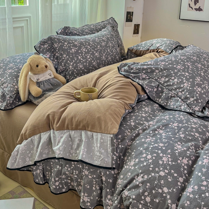 91家纺网 家纺一手货源 找家纺 斯卡诺家纺 2025秋冬法式花边古法水洗棉云感棉床盖四件套花边被套床单款 满天星-花边款