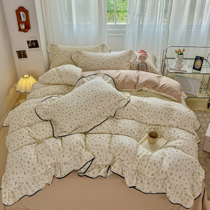 91家纺网 家纺一手货源 找家纺 斯卡诺家纺 2025秋冬法式花边古法水洗棉云感棉床盖四件套花边被套床单款 小情调-花边款