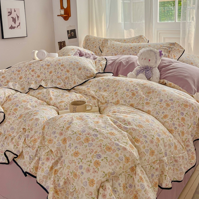 91家纺网 家纺一手货源 找家纺 斯卡诺家纺 2025秋冬法式花边古法水洗棉云感棉床盖四件套花边被套床单款 花漾-花边款