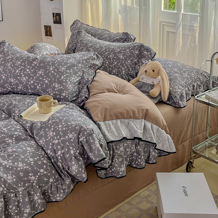 91家纺网 家纺一手货源 找家纺 斯卡诺家纺 2025秋冬法式花边古法水洗棉云感棉床盖四件套花边被套床单款 满天星-花边款