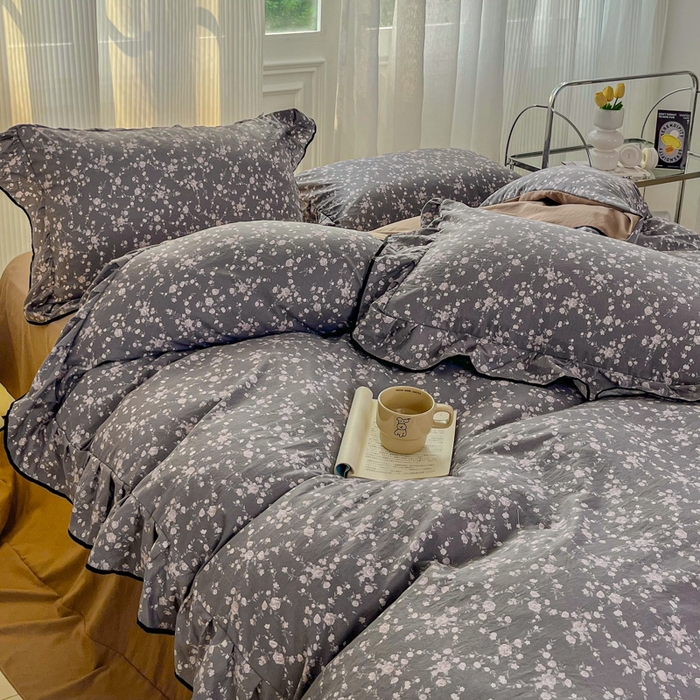 91家纺网 家纺一手货源 找家纺 斯卡诺家纺 2025秋冬法式花边古法水洗棉云感棉床盖四件套花边被套床单款 满天星-花边款