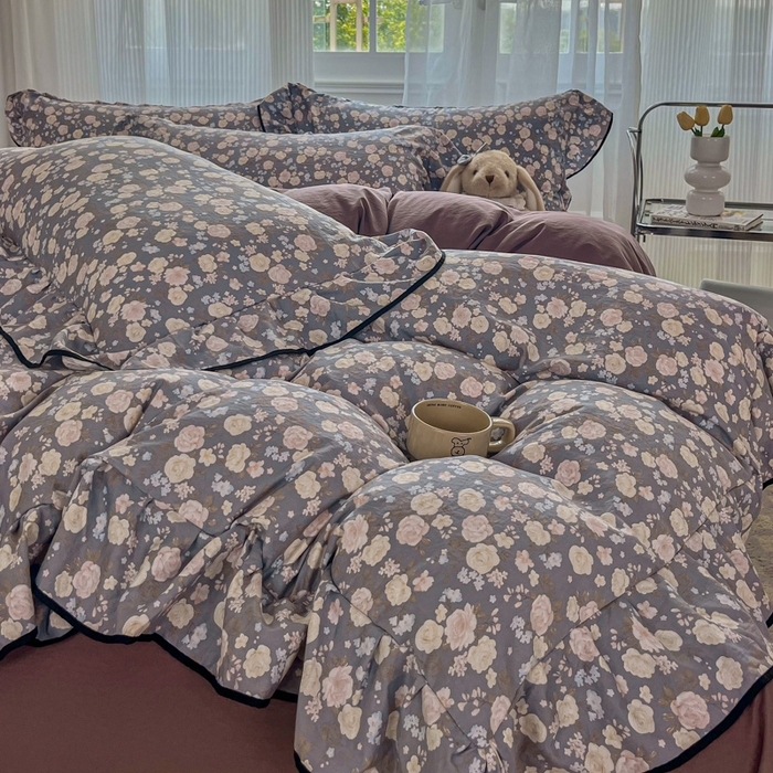 91家纺网 家纺一手货源 找家纺 斯卡诺家纺 2025秋冬法式花边古法水洗棉云感棉床盖四件套花边被套床单款 一见倾心-花边款