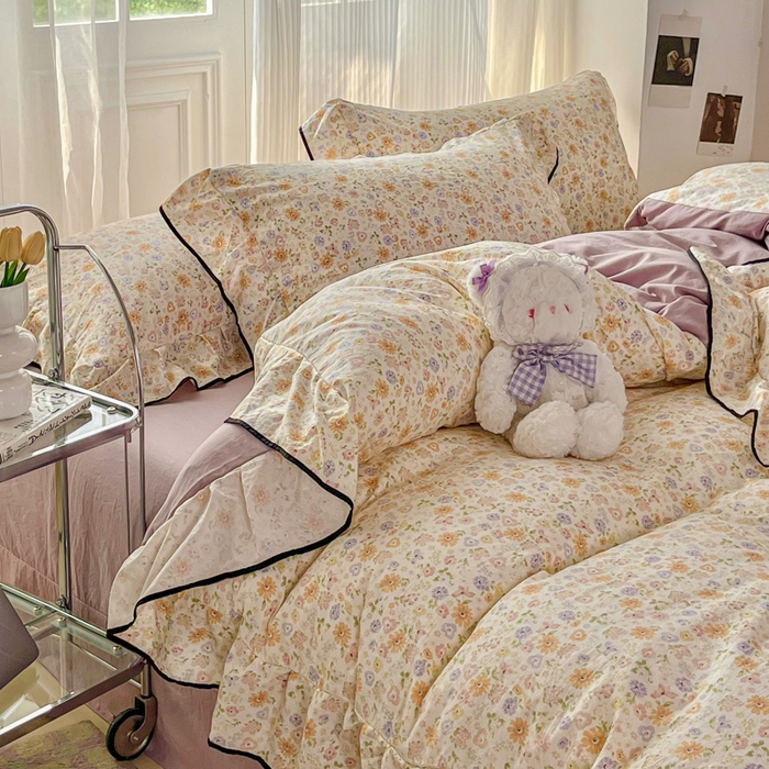 91家纺网 家纺一手货源 找家纺 斯卡诺家纺 2025秋冬法式花边古法水洗棉云感棉床盖四件套花边被套床单款 花漾-花边款