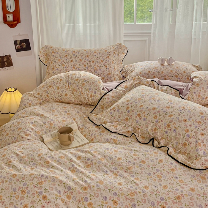 91家纺网 家纺一手货源 找家纺 斯卡诺家纺 2025秋冬法式花边古法水洗棉云感棉床盖四件套花边被套床单款 花漾-花边款