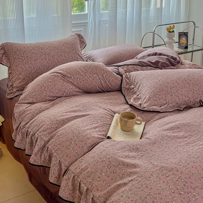 91家纺网 家纺一手货源 找家纺 斯卡诺家纺 2025秋冬法式花边古法水洗棉云感棉床盖四件套花边被套床单款 樱桃季-花边款