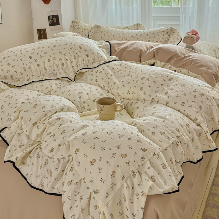 91家纺网 家纺一手货源 找家纺 斯卡诺家纺 2025秋冬法式花边古法水洗棉云感棉床盖四件套花边被套床单款 小情调-花边款