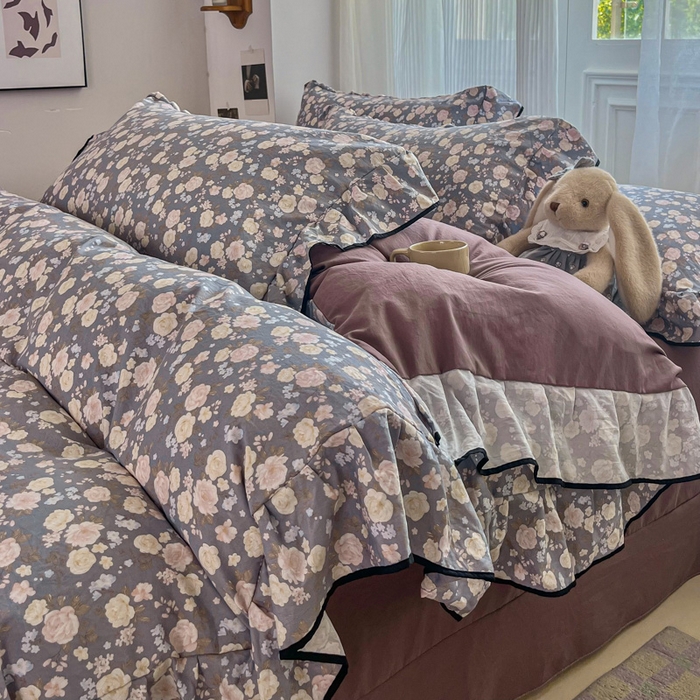 91家纺网 家纺一手货源 找家纺 斯卡诺家纺 2025秋冬法式花边古法水洗棉云感棉床盖四件套花边被套床单款 一见倾心-花边款