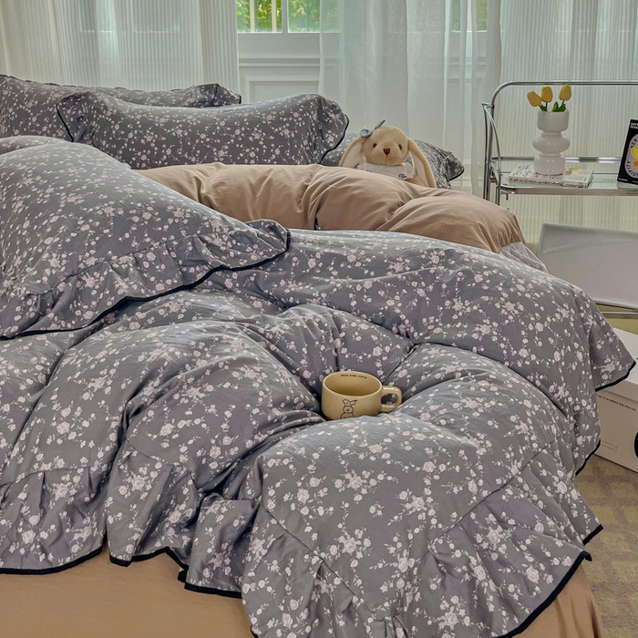 91家纺网 家纺一手货源 找家纺 斯卡诺家纺 2025秋冬法式花边古法水洗棉云感棉床盖四件套花边被套床单款 满天星-花边款