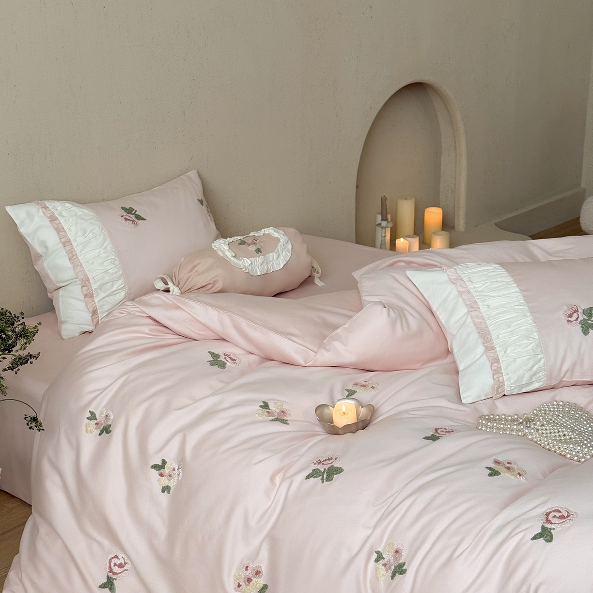 鹿班家居 2025新款100S全棉纯棉磨毛毛巾绣四件套-彩虹花园（标准会员-20元） 彩虹花园-粉色