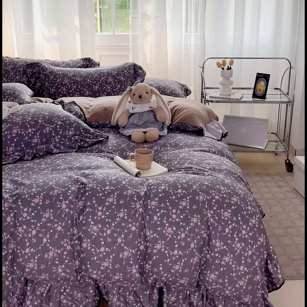 91家纺网 家纺一手货源 找家纺 斯卡诺家纺 2025秋冬法式花边古法水洗棉云感棉床盖四件套花边被套床单款 满天星-花边款