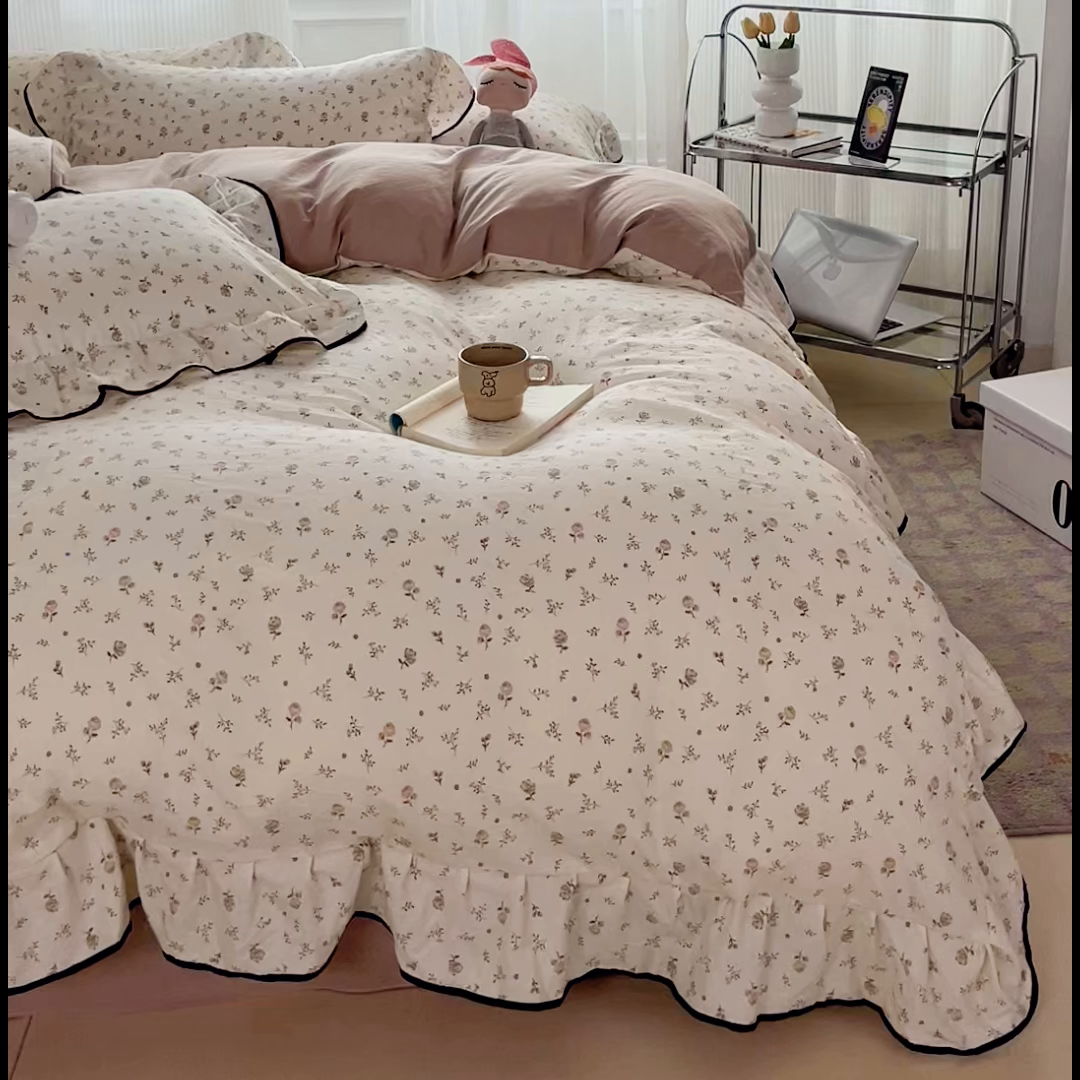 91家纺网 家纺一手货源 找家纺 斯卡诺家纺 2025秋冬法式花边古法水洗棉云感棉床盖四件套花边被套床单款 小情调-花边款