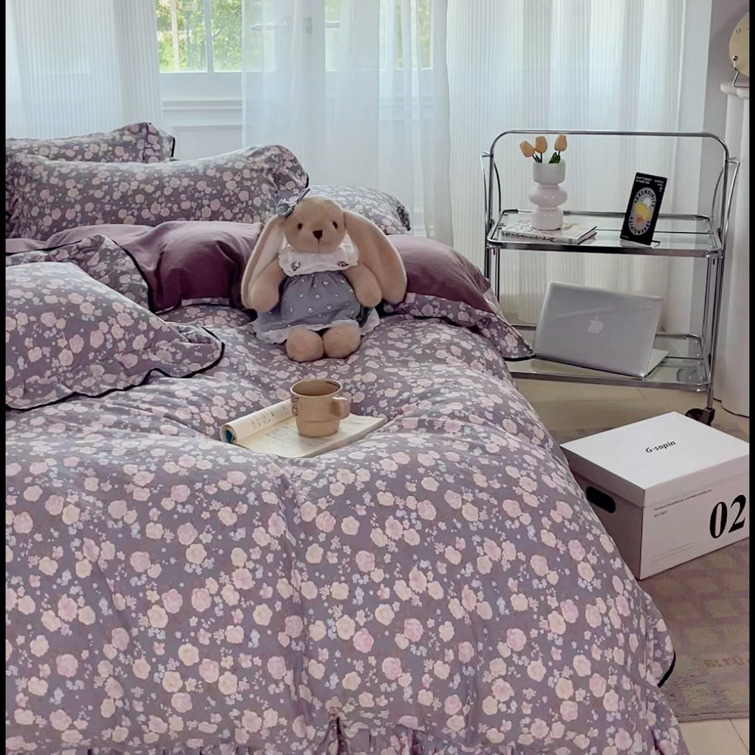 91家纺网 家纺一手货源 找家纺 斯卡诺家纺 2025秋冬法式花边古法水洗棉云感棉床盖四件套花边被套床单款 一见倾心-花边款