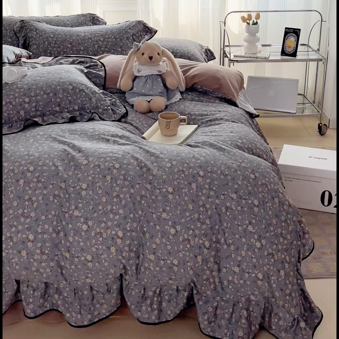 91家纺网 家纺一手货源 找家纺 斯卡诺家纺 2025秋冬法式花边古法水洗棉云感棉床盖四件套花边被套床单款 晚风-花边款