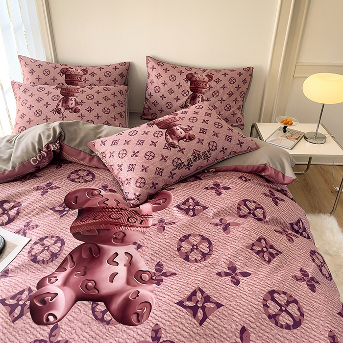 91家纺网 家纺一手货源 找家纺 摩卡（乐趣） 2025秋冬新品网红款水洗棉四季款四件套 豹纹熊-粉