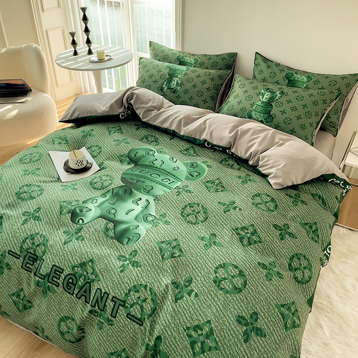 91家纺网 家纺一手货源 找家纺 摩卡（乐趣） 2025秋冬新品网红款水洗棉四季款四件套 豹纹熊-绿