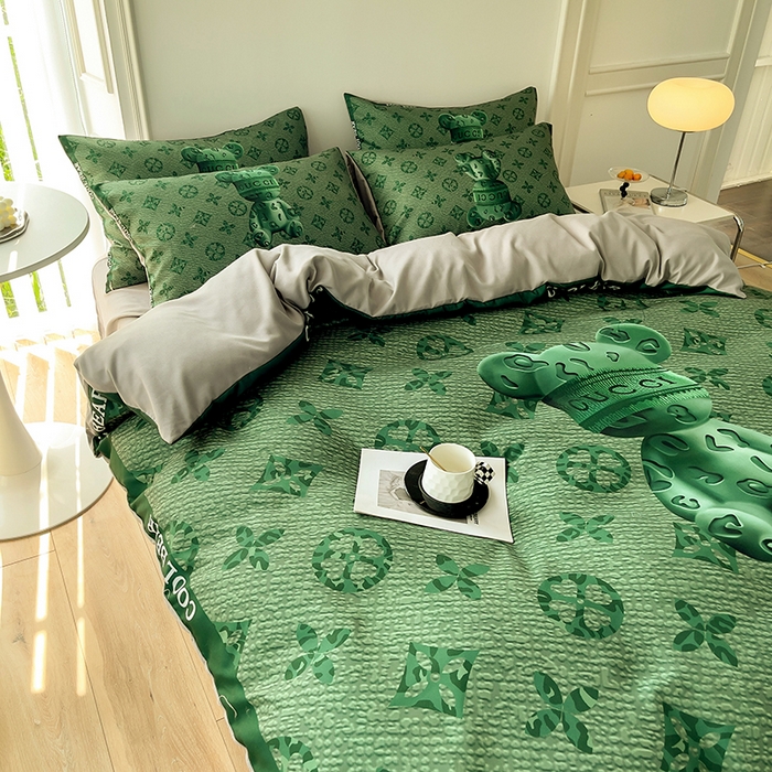 91家纺网 家纺一手货源 找家纺 摩卡（乐趣） 2025秋冬新品网红款水洗棉四季款四件套 豹纹熊-绿