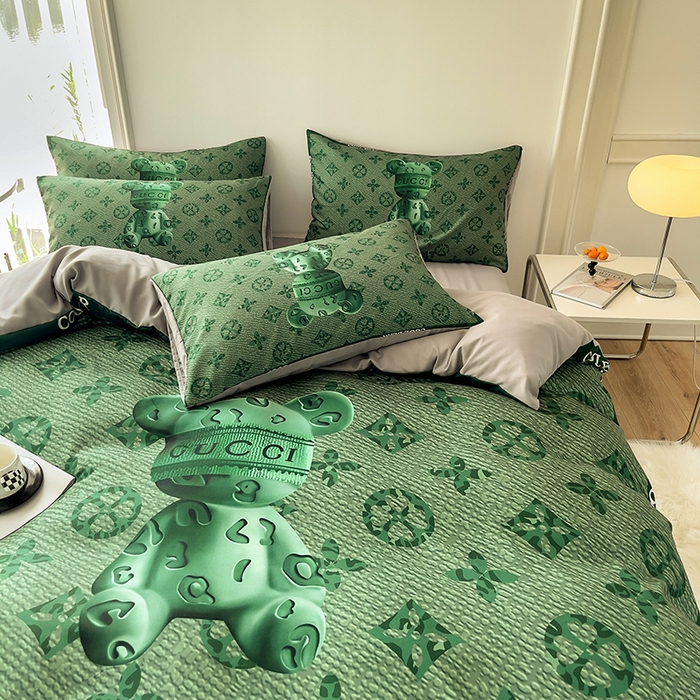 91家纺网 家纺一手货源 找家纺 摩卡（乐趣） 2025秋冬新品网红款水洗棉四季款四件套 豹纹熊-绿