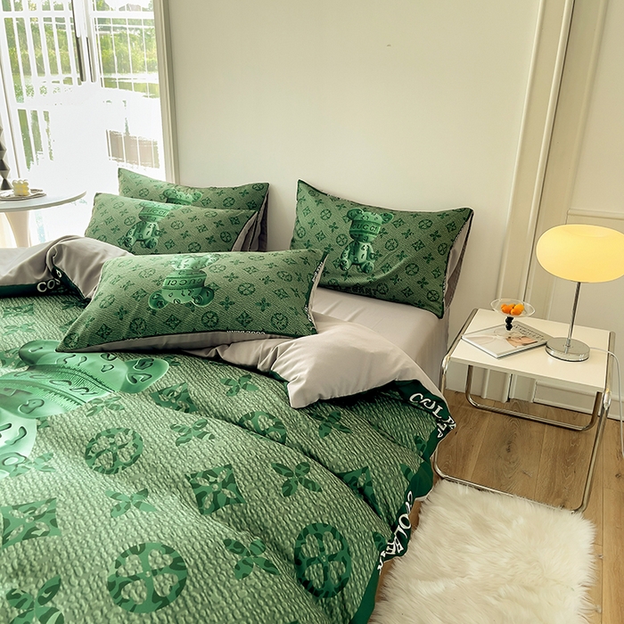91家纺网 家纺一手货源 找家纺 摩卡（乐趣） 2025秋冬新品网红款水洗棉四季款四件套 豹纹熊-绿