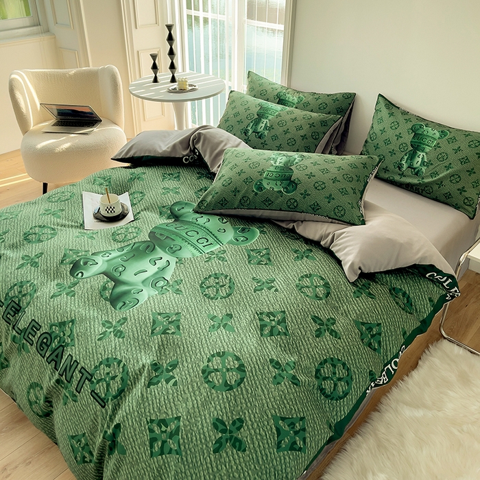 91家纺网 家纺一手货源 找家纺 摩卡（乐趣） 2025秋冬新品网红款水洗棉四季款四件套 豹纹熊-绿