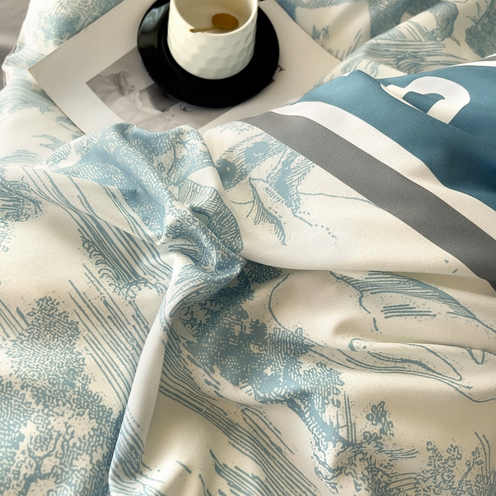 91家纺网 家纺一手货源 找家纺 摩卡（乐趣） 2025秋冬新品网红款水洗棉四季款四件套 梦幻蓝