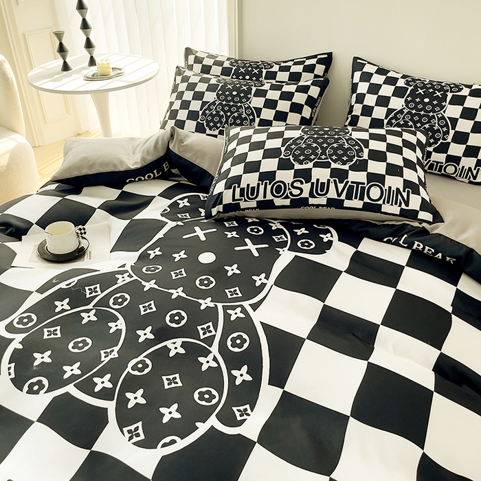 91家纺网 家纺一手货源 找家纺 摩卡（乐趣） 2025秋冬新品网红款水洗棉四季款四件套 棋盘格公仔