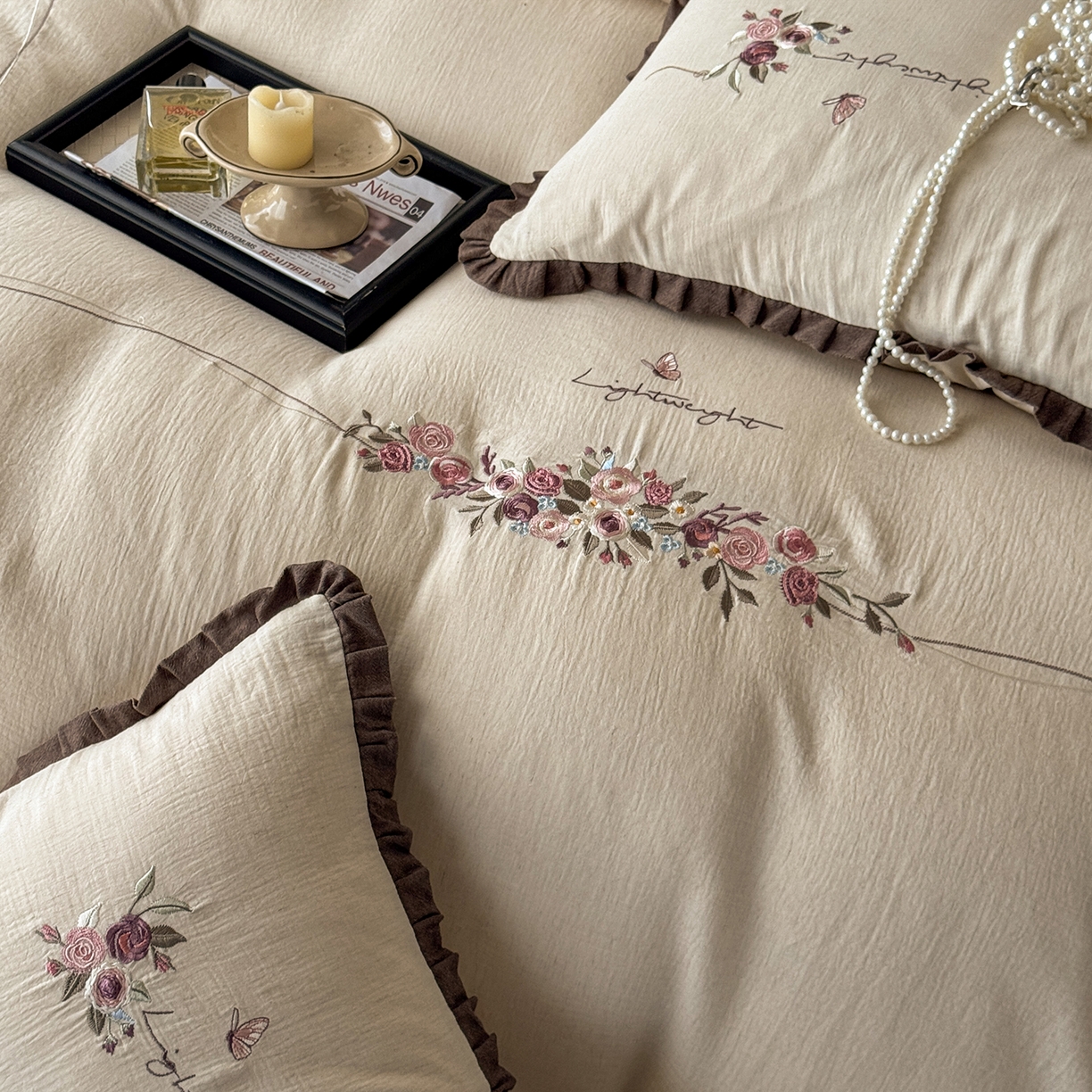 91家纺网 家纺一手货源 找家纺 （总）艾唯希家纺 2025新款全棉复古棉麻工艺四件套纯棉-晚风玫瑰系列