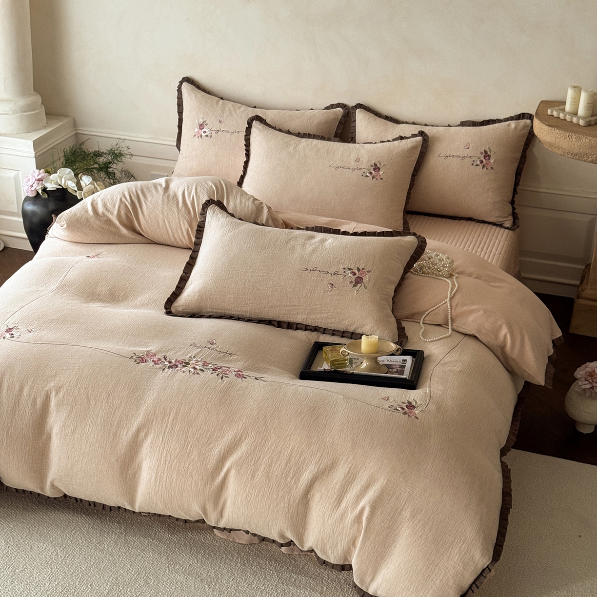 艾唯希家纺 2025新款全棉复古棉麻工艺四件套纯棉-晚风玫瑰系列 晚风玫瑰-淡粉