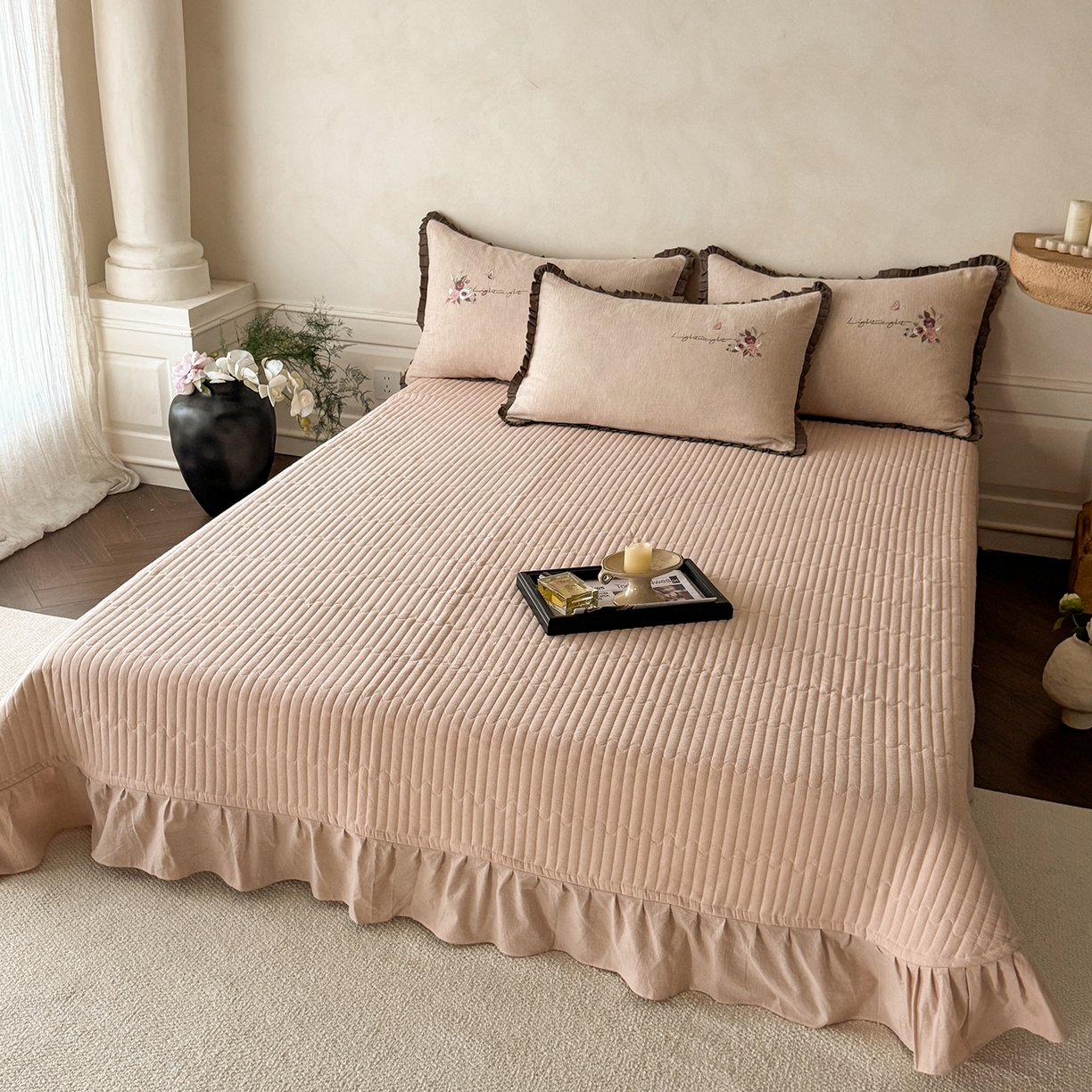 91家纺网 家纺一手货源 找家纺 艾唯希家纺 2025新款全棉复古棉麻工艺四件套纯棉-晚风玫瑰系列 晚风玫瑰-淡粉