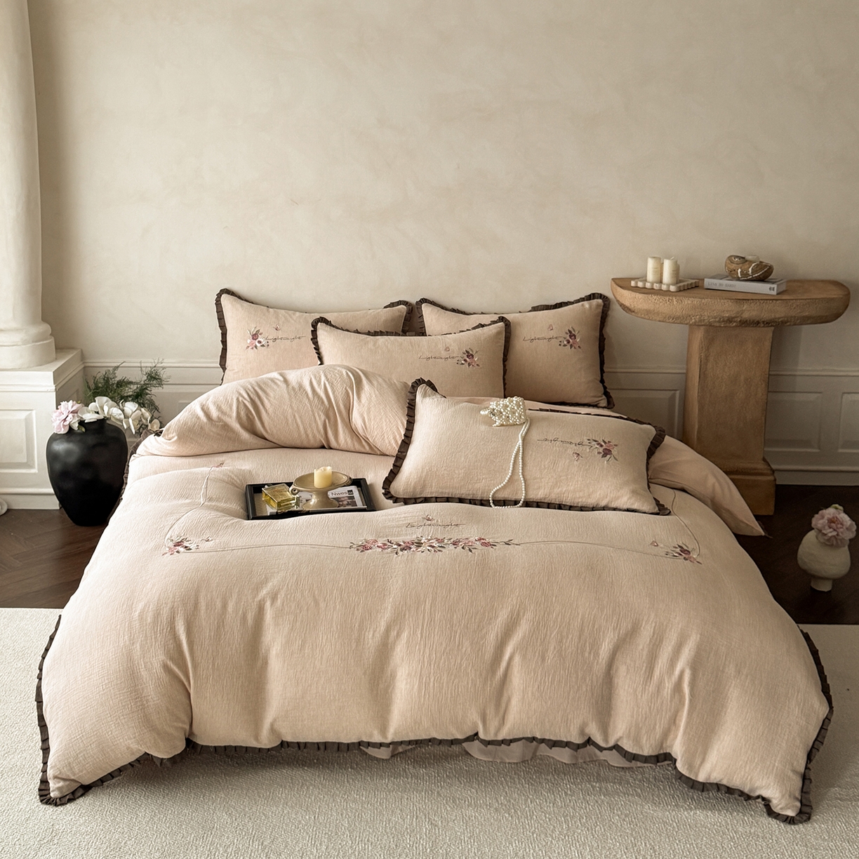 91家纺网 家纺一手货源 找家纺 艾唯希家纺 2025新款全棉复古棉麻工艺四件套纯棉-晚风玫瑰系列 晚风玫瑰-淡粉