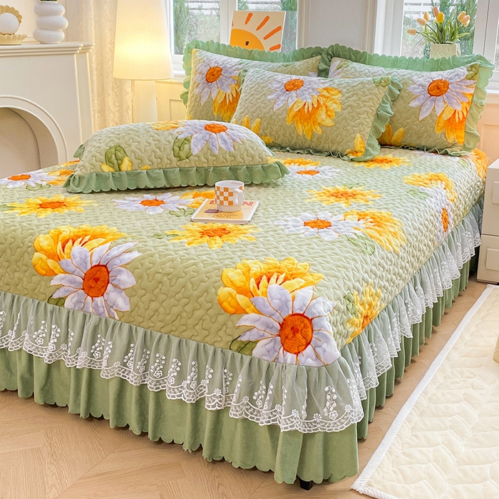 91家纺网 家纺一手货源 找家纺 提花大世界 2025新款爆款高克重牛奶绒印花夹棉蕾丝花边床盖床裙单件三件四件套 向阳花