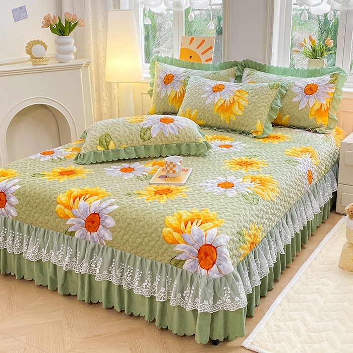 91家纺网 家纺一手货源 找家纺 提花大世界 2025新款爆款高克重牛奶绒印花夹棉蕾丝花边床盖床裙单件三件四件套 向阳花