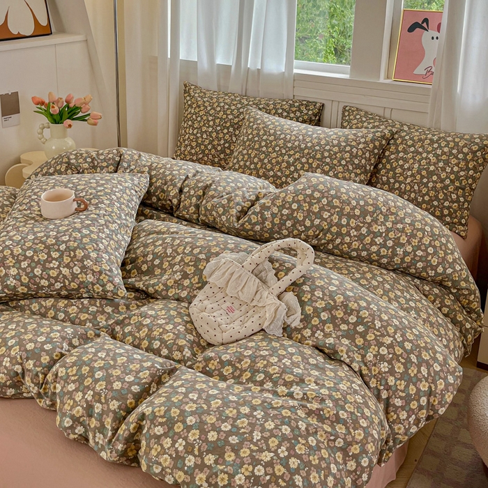 91家纺网 家纺一手货源 找家纺 斯卡诺家纺 2026爆款古法水洗仿棉四件套韩国小布袋五件套（高克重斜纹加厚） 花镜