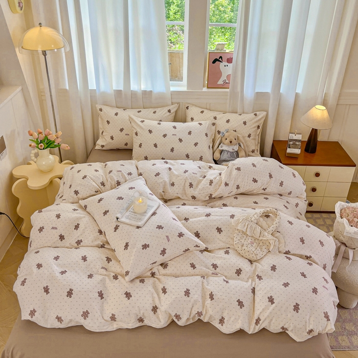 91家纺网 家纺一手货源 找家纺 斯卡诺家纺 2026爆款古法水洗仿棉四件套韩国小布袋五件套（高克重斜纹加厚） 欢乐熊