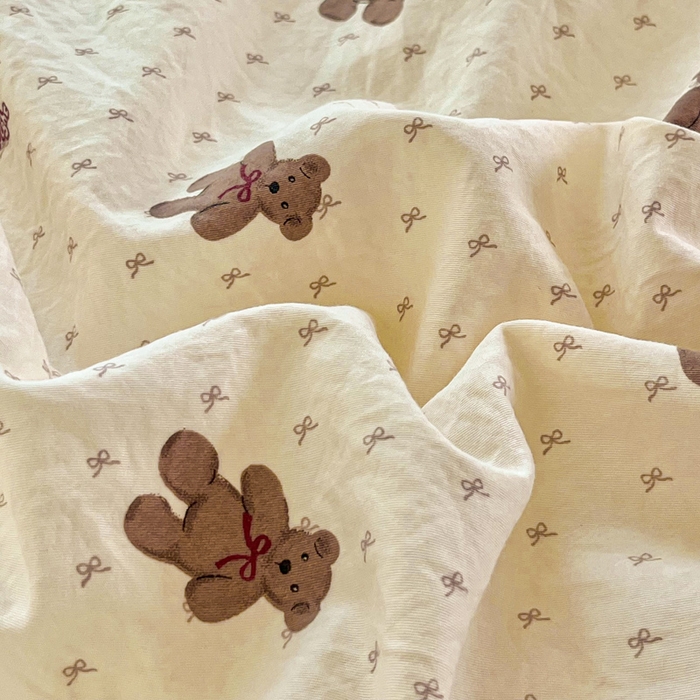 91家纺网 家纺一手货源 找家纺 斯卡诺家纺 2026爆款古法水洗仿棉四件套韩国小布袋五件套（高克重斜纹加厚） 欢乐熊