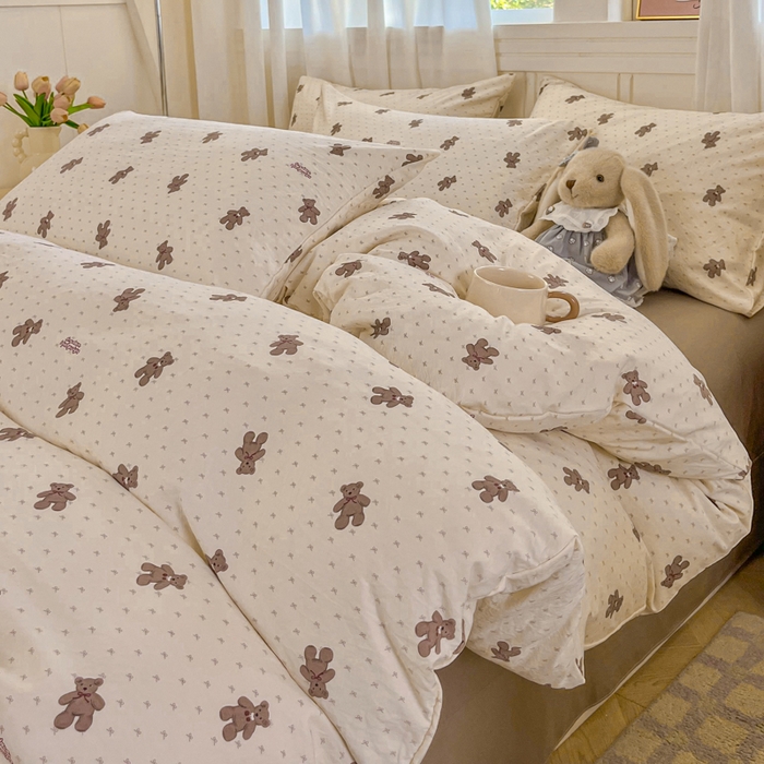 91家纺网 家纺一手货源 找家纺 斯卡诺家纺 2026爆款古法水洗仿棉四件套韩国小布袋五件套（高克重斜纹加厚） 欢乐熊