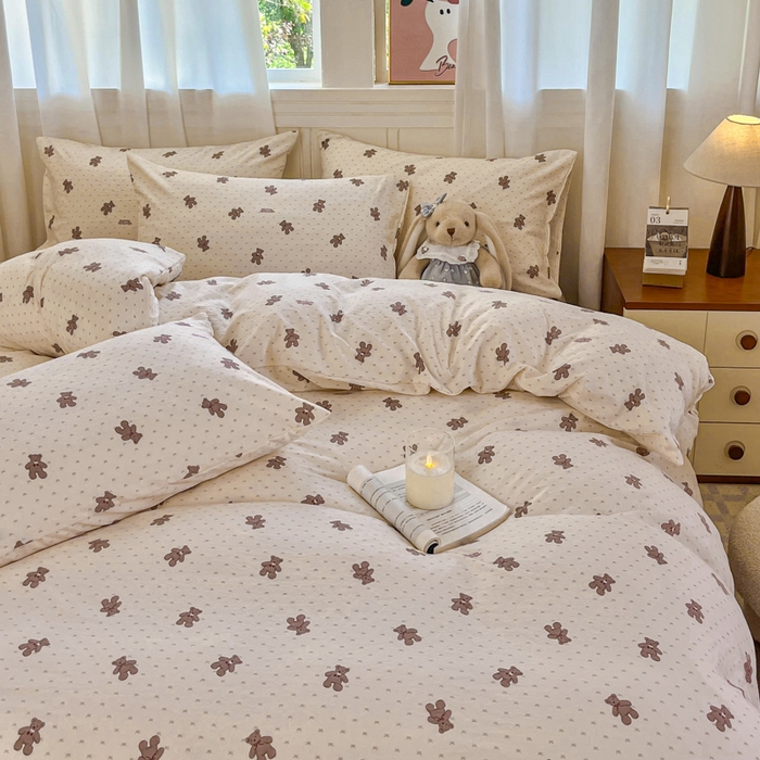 91家纺网 家纺一手货源 找家纺 斯卡诺家纺 2026爆款古法水洗仿棉四件套韩国小布袋五件套（高克重斜纹加厚） 欢乐熊