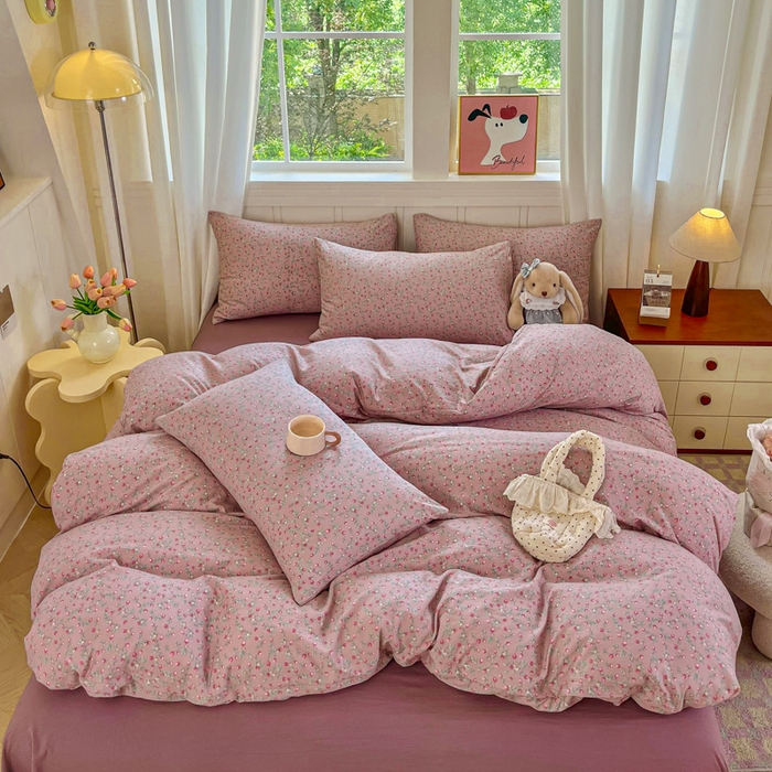 91家纺网 家纺一手货源 找家纺 斯卡诺家纺 2026爆款古法水洗仿棉四件套韩国小布袋五件套（高克重斜纹加厚） 樱桃季