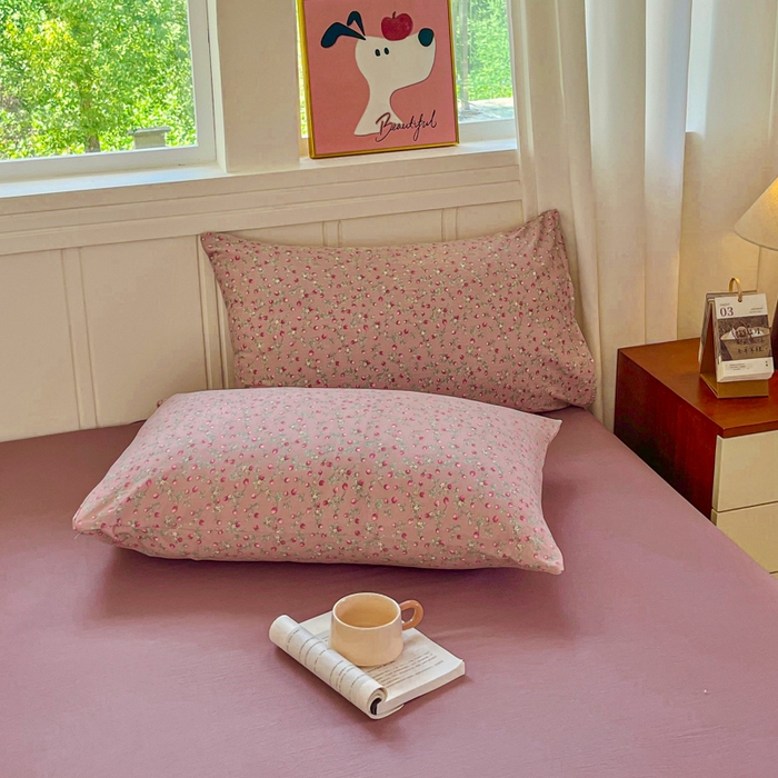 91家纺网 家纺一手货源 找家纺 斯卡诺家纺 2026爆款古法水洗仿棉四件套韩国小布袋五件套（高克重斜纹加厚） 樱桃季