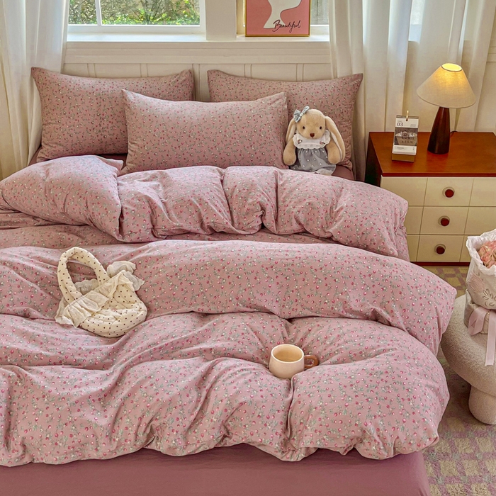 91家纺网 家纺一手货源 找家纺 斯卡诺家纺 2026爆款古法水洗仿棉四件套韩国小布袋五件套（高克重斜纹加厚） 樱桃季