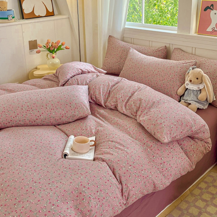 91家纺网 家纺一手货源 找家纺 斯卡诺家纺 2026爆款古法水洗仿棉四件套韩国小布袋五件套（高克重斜纹加厚） 樱桃季