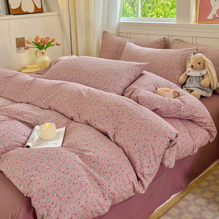 91家纺网 家纺一手货源 找家纺 斯卡诺家纺 2026爆款古法水洗仿棉四件套韩国小布袋五件套（高克重斜纹加厚） 樱桃季