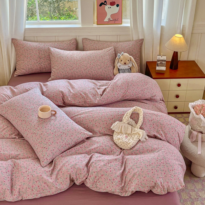 91家纺网 家纺一手货源 找家纺 斯卡诺家纺 2026爆款古法水洗仿棉四件套韩国小布袋五件套（高克重斜纹加厚） 樱桃季